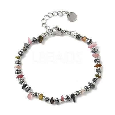 Natural Multicolor Tourmaline Chip & Non-magnetic Synthetic Hematite Beaded Bracelet for Women BJEW-Z148-02P-06-1