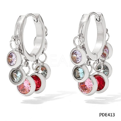 304 Stainless Steel Cubic Zirconia Flat Round Tassel Chandelier Earrings FS-WG9F9FA-02-1