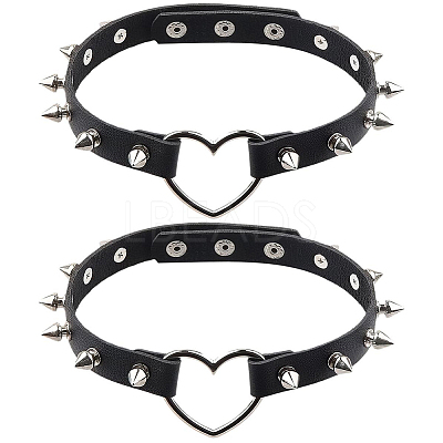 2Pcs Adjustable Gothic PU Leather Alloy Heart Spike Rivet Heart Choker Necklaces for Women NJEW-CL0001-17A-1