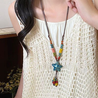 Bohemian Handmade Porcelain Star Pendant Adjustable Imitation Leather Cord Long Necklaces for Women WG246F5-01-1