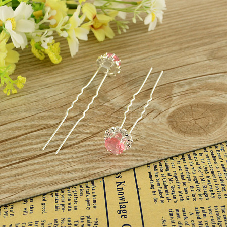 Lady's Bride Accessories Silver Color Plated Iron Glass Rhinestone Flower Hair Forks PHAR-S196-02-1