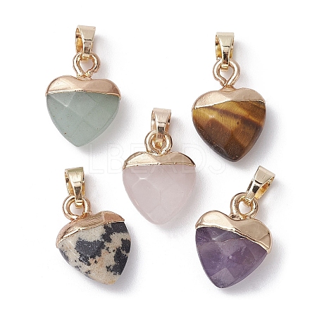 Natural Mixed Gemstone Faceted Heart Charms with Golden Tone Brass Snap on Bails PALLOY-JF02319-1