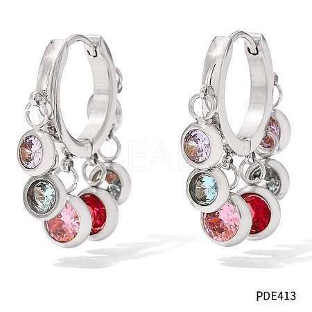 304 Stainless Steel Cubic Zirconia Flat Round Tassel Chandelier Earrings FS-WG9F9FA-02-1