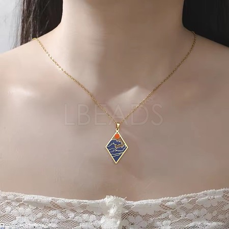 304 Stainless Steel Enamel Blue Sea Wave with Sun Pendant Necklaces for Women WGB8498-04-1