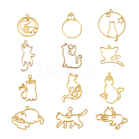 24Pcs 12 Style Zinc Alloy Kitten Open Back Bezel Pendants FIND-CW0001-05-1