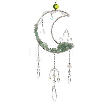 Moon Natural Green Aventurine & 304 Stainless Steel & Brass Suncatchers HJEW-TA00488-02-1