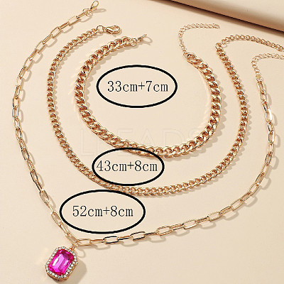 3Pcs Elegant Alloy Fuchsia Rhinestone Rectangle Pendant 3 Layer Necklaces Sets QV2693-1-1