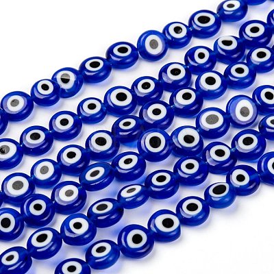 Handmade Evil Eye Lampwork Flat Round Bead Strands LAMP-L058-8mm-04-1