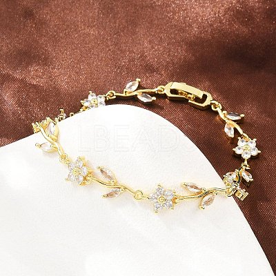 Brass Pave Cubic Zirconia Flower Link Chain Bracelets for Women KK-CBA68DA-14G-11-1