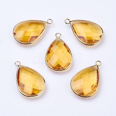 Golden Tone Brass Glass Teardrop Pendants GLAA-M006-A-20G-1