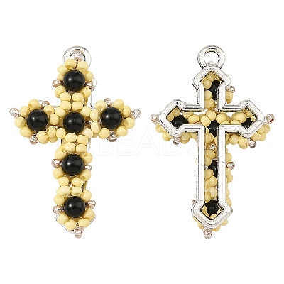 Natural Black Onyx(Dyed & Heated) & Glass Seed Beaded Pendants PALLOY-MZ01404-02-1