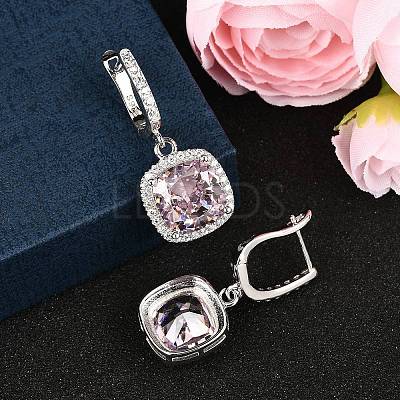 925 Sterling Silver Pave Cubic Zirconia Square Hoop Earrings EJEW-C150-01A-02-1