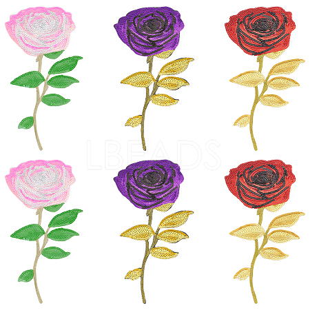 MAYJOYDIY US 6Pcs 3 Colors Rose Flower Computerized Embroidery Polyester Ornament Accessories PATC-MA0001-01-1