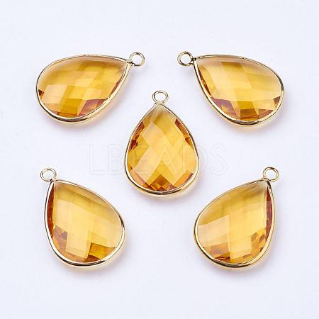 Golden Tone Brass Glass Teardrop Pendants GLAA-M006-A-20G-1