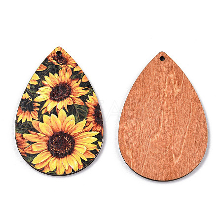 Single Face Sunflower Printed Wood Big Pendants WOOD-TAC0021-01A-1