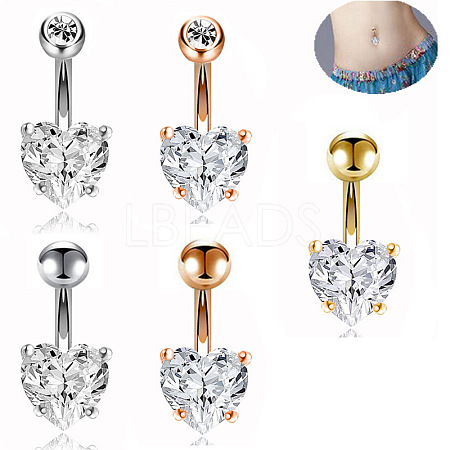 304 Stainless Steel Clear Cubic Zirconia Heart Curved Barbell Belly Rings WG52F32-02-1