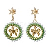 Christmas Wreath Brass Glass Dangle Stud Earrings EJEW-MZ00613-1