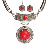 Flat Round Alloy with Synthetic Turquoise Pendant Necklaces & Dangle Earrings Sets FS-WG19C15-01-2