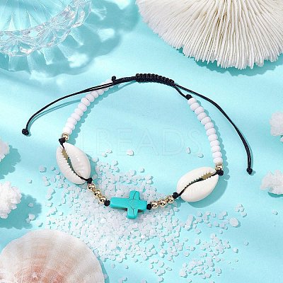 Corss Synthetic Turquoise & Natural Cowrie Shell Braided Bead Bracelets BJEW-JB10357-01-1