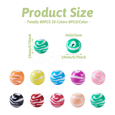 80Pcs 10 Colors Opaque Striped Acrylic Beads SACR-BT0001-02-1