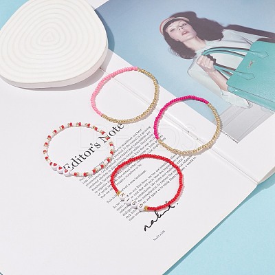 4Pcs 4 Style Heart & Word Kiss Plastic Beaded Stretch Bracelets Set BJEW-JB08699-1