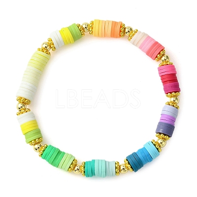 Polymer Clay Disc & Alloy Round Beaded Stretch Bracelet BJEW-JB09638-01-1
