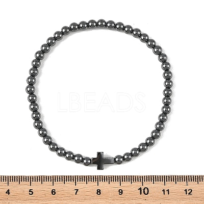 Synthetic Non-magnetic Hematite Round and Religion Cross Beaded Stretch Bracelets for Men BJEW-JB14406-02-1