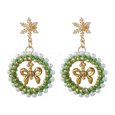 Christmas Wreath Brass Glass Dangle Stud Earrings EJEW-MZ00613-1