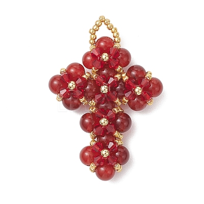 Natural Carnelian Round Beads & Glass Seed Beaded Cross Pendants PALLOY-MZ01151-01-1