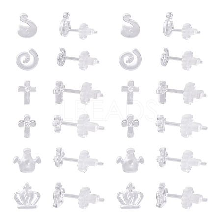 60 Sets 6 Style Crown & Cross & Swan & Vortex Transparent Resin Stud Earrings for Women EJEW-BG0001-02-1