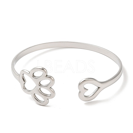 Hollow Dog Paw Print & Heart 304 Stainless Steel Cuff Bangles for Women BJEW-L682-015P-1