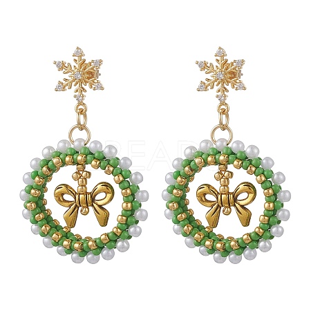 Christmas Wreath Brass Glass Dangle Stud Earrings EJEW-MZ00613-1