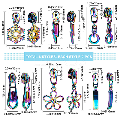 12Pcs 6 Style  Lightning Bolt/Snowflake/Flower Alloy Zipper Head Replacement FIND-GF0005-68-1