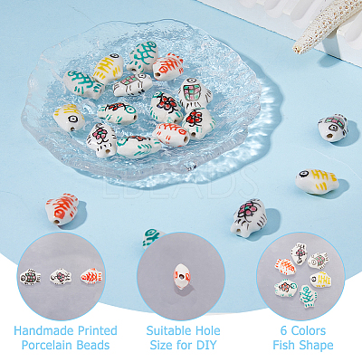 24Pcs 6 Colors Handmade Printed Porcelain Beads PORC-HS0001-01-1