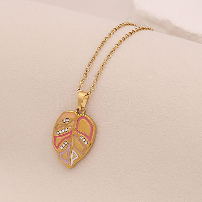 304 Stainless Steel Pave Cubic Zirconia with Enamel Leaf Pendant Necklaces FS-WGB4824-04-1
