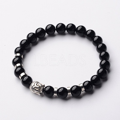 Buddha Head Gemstone Beaded Stretch Bracelets X-BJEW-JB01864-06-1