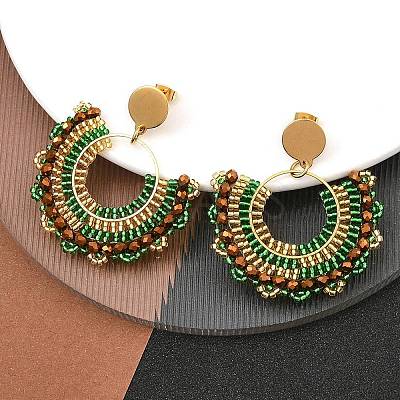 304 Stainless Steel & Bohemian Beaded Fan Dangle Stud Earrings for Women EJEW-R001-05G-02-1