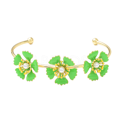 Alloy Flower with Imitation Pearl Beaded Open Cuff Bangle for Women BJEW-D054-02G-02-1