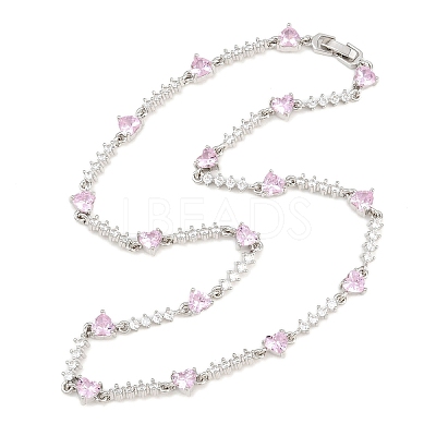Brass Pave Pink Cubic Zirconia Heart Link Chain Necklaces KK-CBA4547-16A-P-1