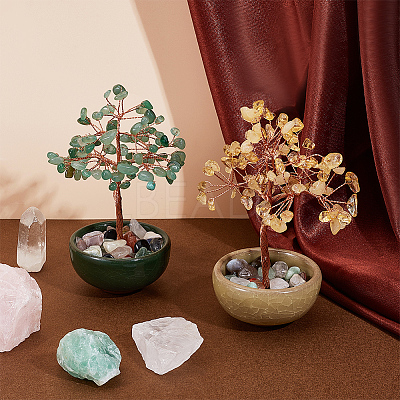 2Pcs 2 Styles Natural Green Aventurine & Yellow Quartz Chips Tree of Life Decorations AJEW-OC0014-06A-1