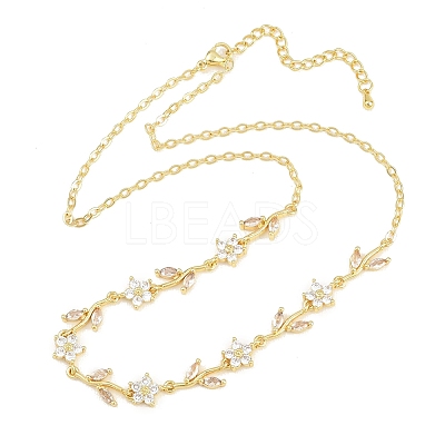 Brass Pave Cubic Zirconia Flower Link Chain Necklaces KK-CBA4547-18G-10-1
