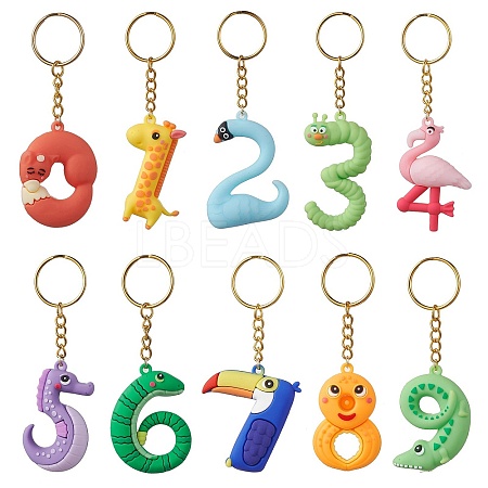 10 Pcs Animal Number PVC Plastic Pendants Keychains KEYC-JKC00734-1