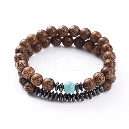 Unisex Wood Beads Stretch Bracelet Sets BJEW-JB04966-05-1
