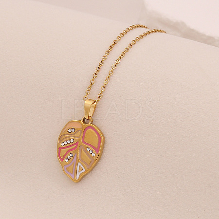 304 Stainless Steel Pave Cubic Zirconia with Enamel Leaf Pendant Necklaces FS-WGB4824-04-1
