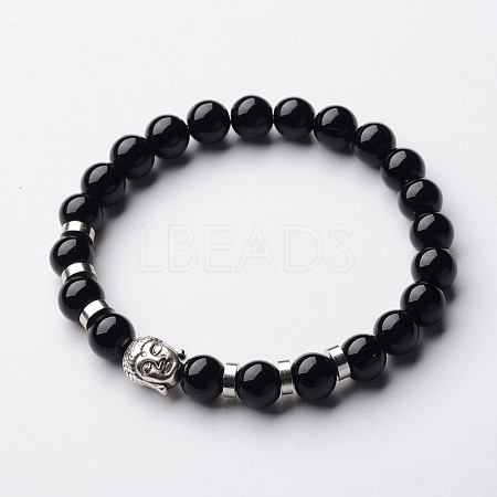 Buddha Head Gemstone Beaded Stretch Bracelets X-BJEW-JB01864-06-1