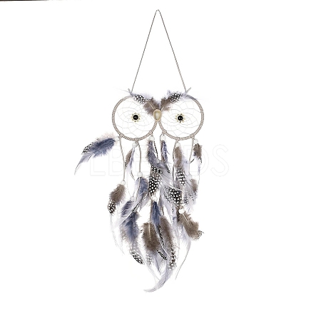 Owl Woven Web/Net with Feather Hanging Ornaments HJEW-G025-05-1
