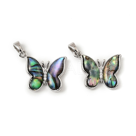 Brass & Paua Shell & Clear Cubic Zirconia Pendants KK-G538-02P-1