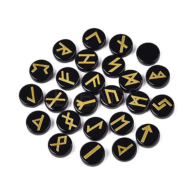 Brass Elder Futhark Alphabet Engraved Symbol Flat Round Natural Obsidian Rune Stones G-I373-01H-1