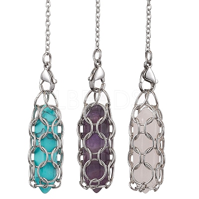 304 Stainless Steel Chain Macrame Pouch Bullet Natural Rose Quartz & Amethyst & Synthetic Turquoise Holder Dowsing Pendulums PALLOY-JF02881-1