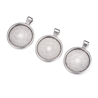 Flat Round Alloy Pendant Cabochon Settings PALLOY-A15654-AS-1